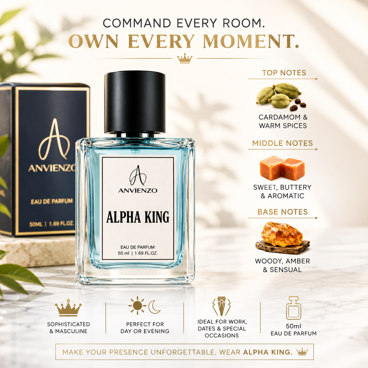 Anvienzo Alpha King Eau de Parfum with cardamom, warm spices, amber and woody fragrance notes