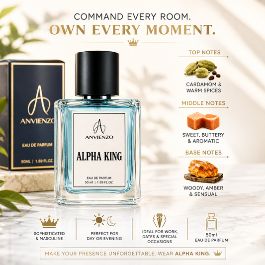 Anvienzo Alpha King Eau de Parfum with cardamom, warm spices, amber and woody fragrance notes