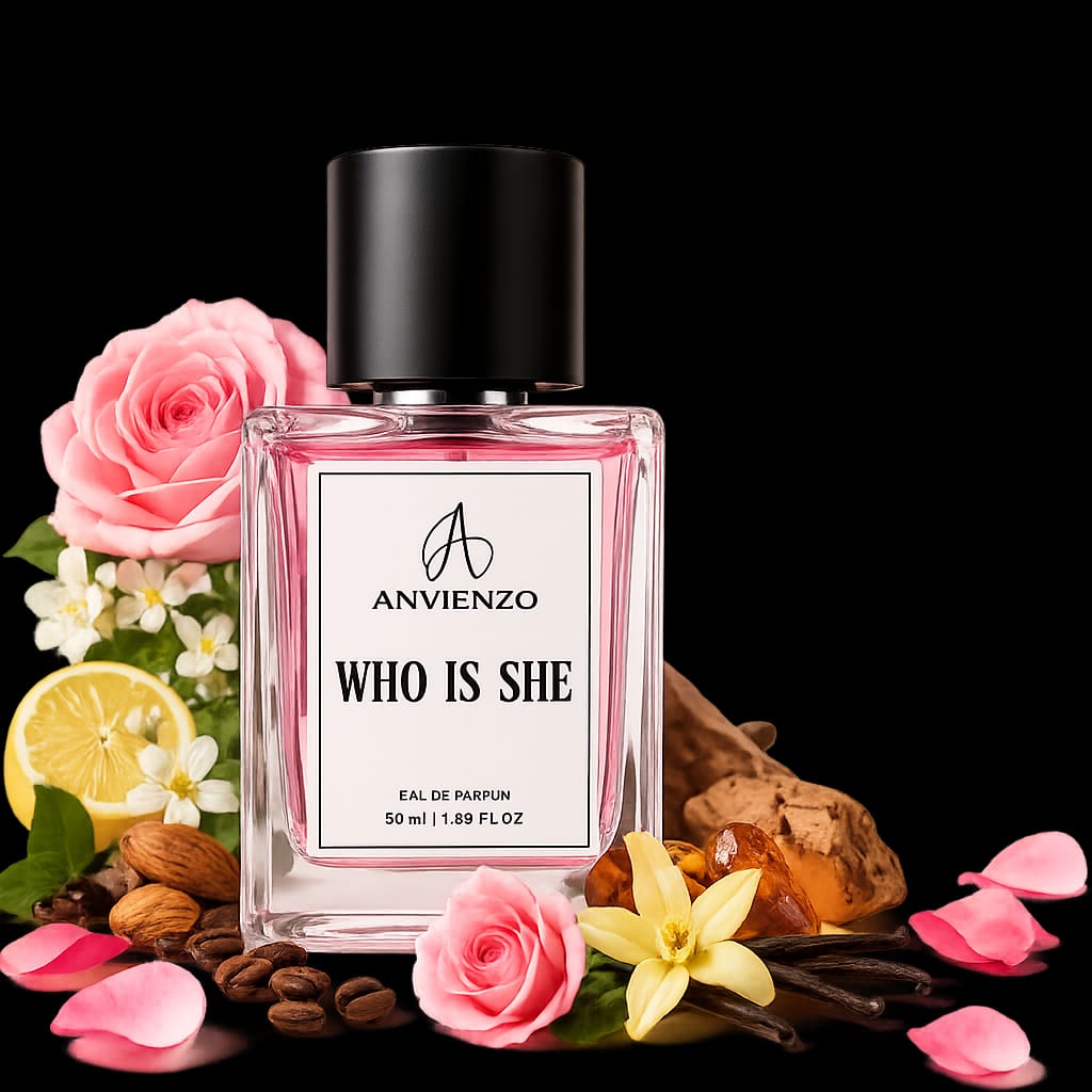 Anvienzo Who Is She Eau de Parfum 50ml perfume bottle on black background