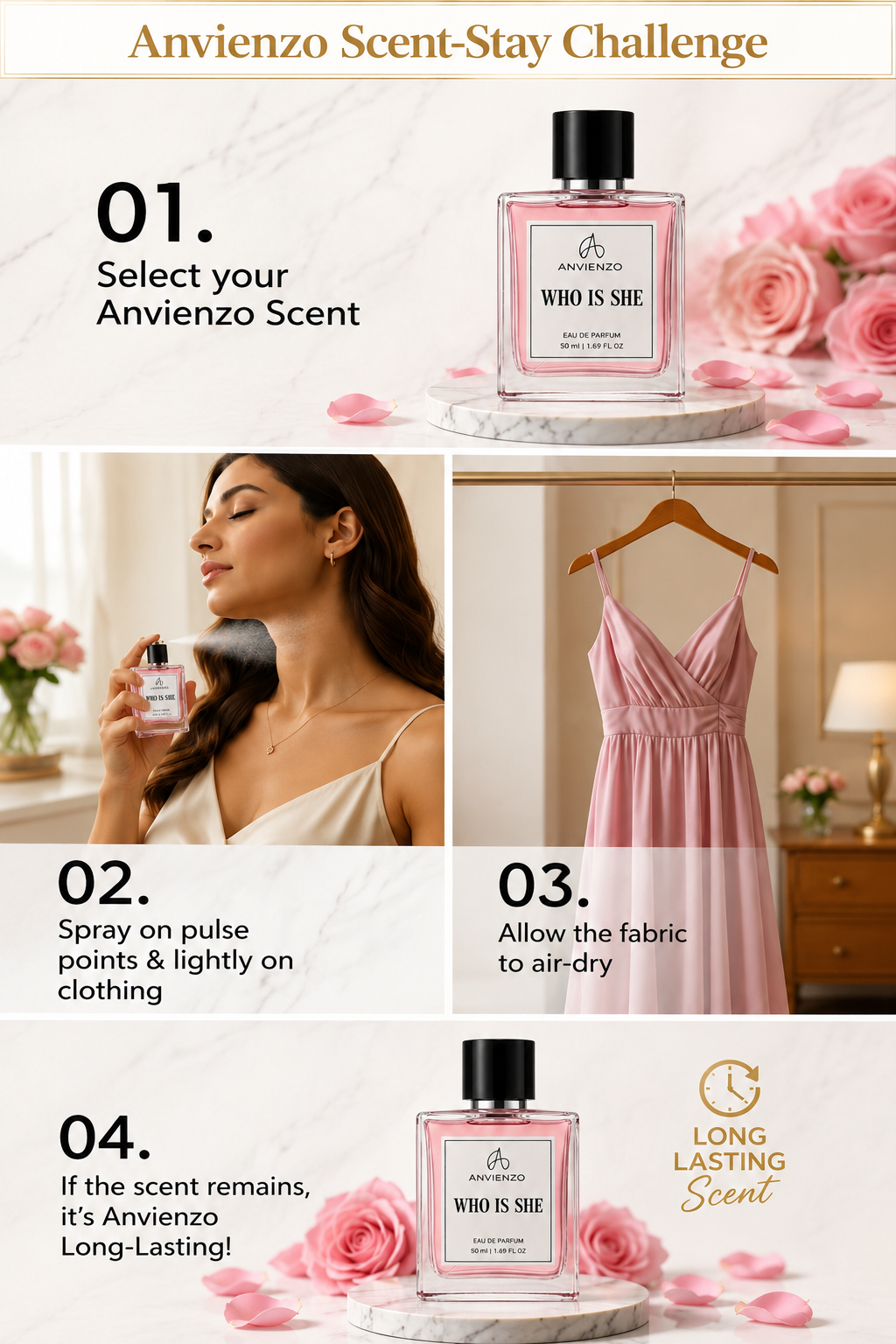Anvienzo Who Is She Eau De Parfum long-lasting fragrance scent-stay challenge for women.